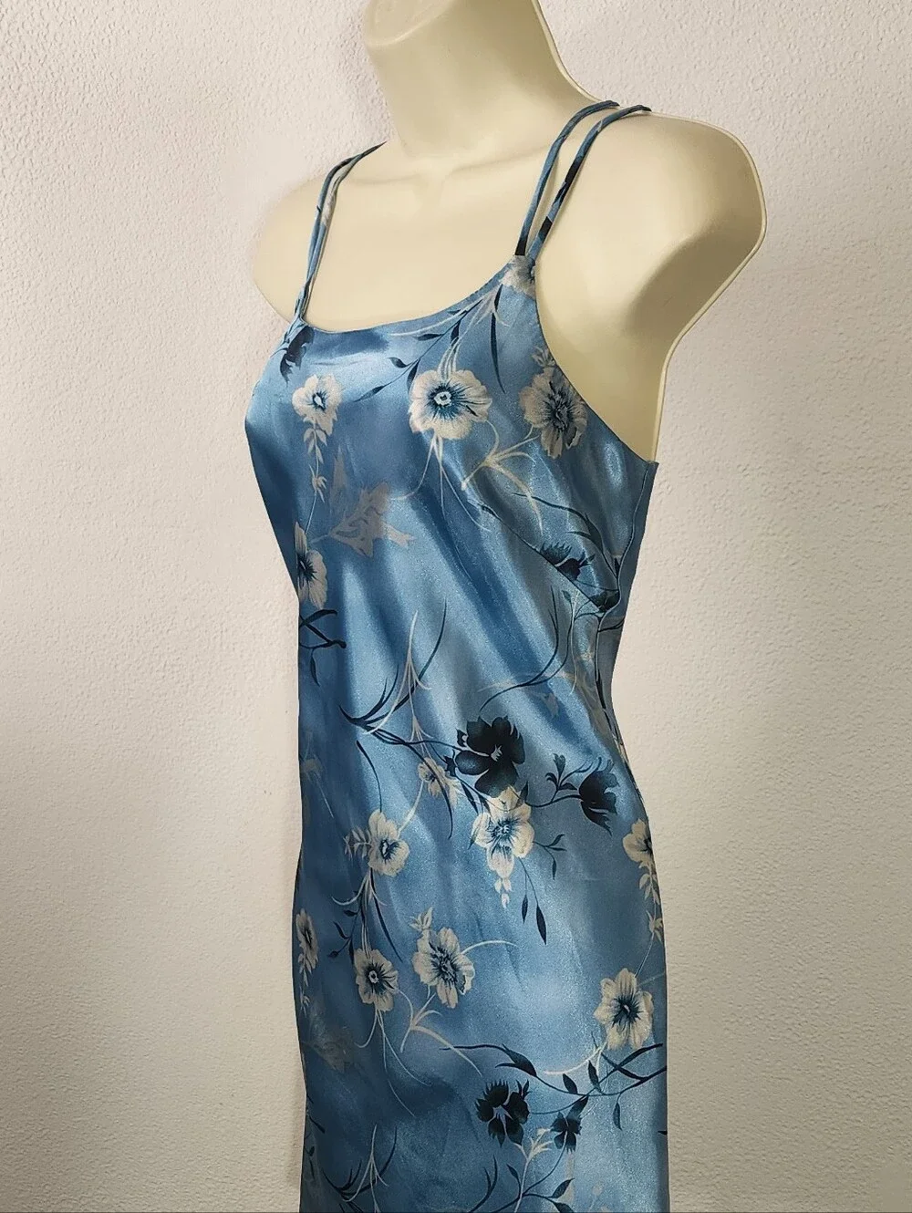 Slip Dress Corset Back Floral Satin with Lace-Up Back Blue Size S - Picture 5 of 7